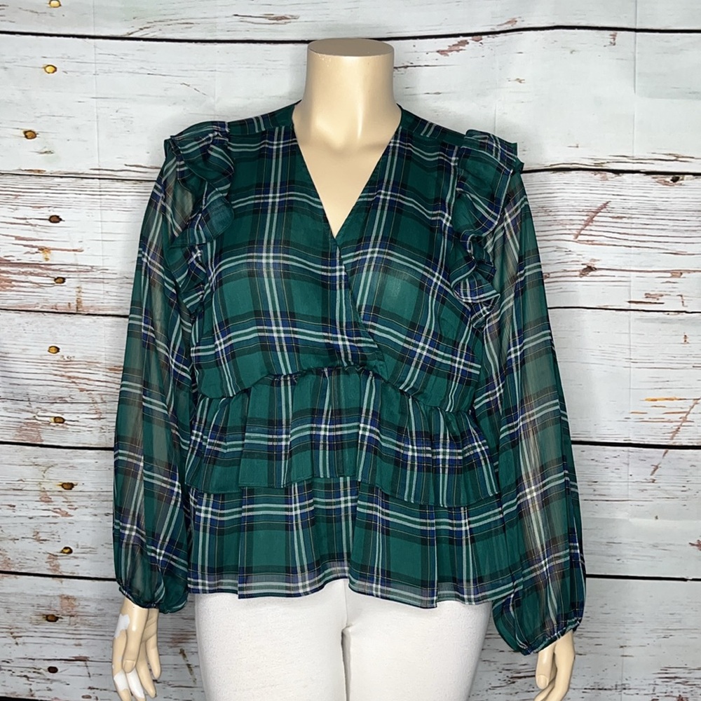 torrid Green Plaid V-Neck Ruffle Peplum Blouse